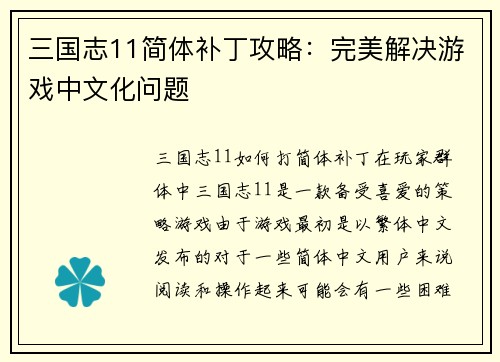 三国志11简体补丁攻略：完美解决游戏中文化问题