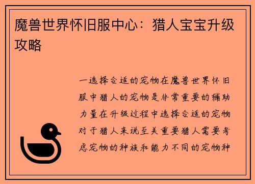 魔兽世界怀旧服中心：猎人宝宝升级攻略