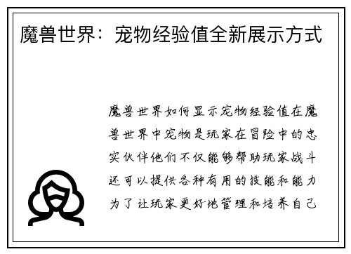 魔兽世界：宠物经验值全新展示方式